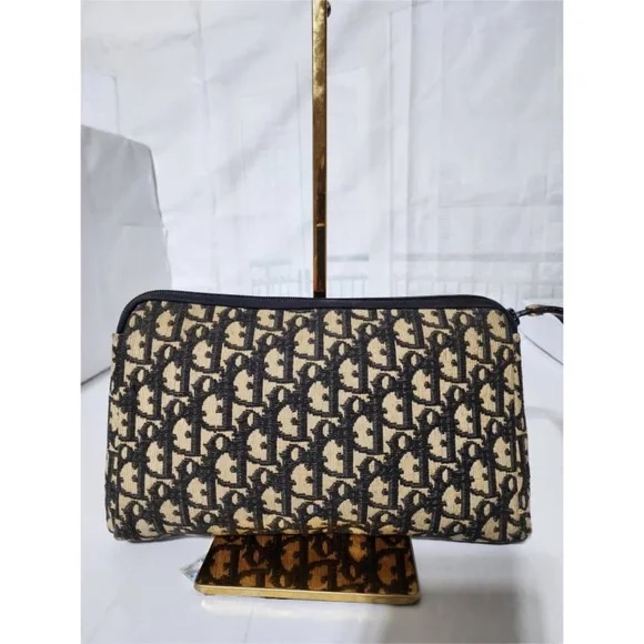 Authentic CHRISTIAN DIOR Vintage Monogram Wristlet Clutch Navy Blue/Beige - Picture 13 of 14